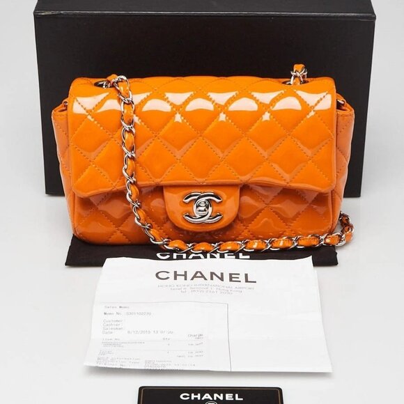 Chanel Orange Quilted Patent Leather Classic Rectangular Mini Flap Bag - Picture 2 of 11